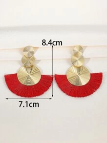 1pair Geometric Exaggerated Circles & Tassel Design Bohemian Style Fan Shaped Earrings For Women - Red - View 6