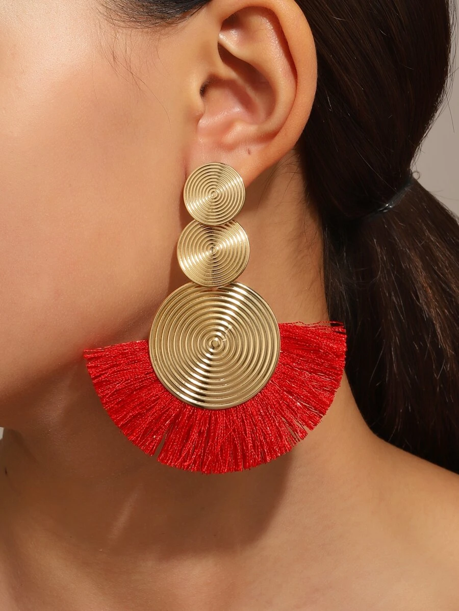 1pair Geometric Exaggerated Circles & Tassel Design Bohemian Style Fan Shaped Earrings For Women - Red - View 1