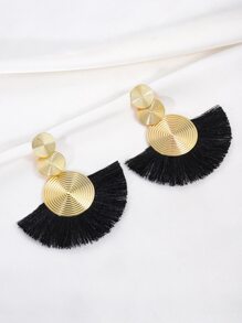 1對誇張的幾何圓圈和流蘇吊墜耳環,採用波西米亞風格扇形設計,適用於女性 - 黑色 - 查看 3