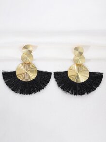 1對誇張的幾何圓圈和流蘇吊墜耳環,採用波西米亞風格扇形設計,適用於女性 - 黑色 - 查看 5