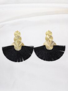 1對誇張的幾何圓圈和流蘇吊墜耳環,採用波西米亞風格扇形設計,適用於女性 - 黑色 - 查看 4