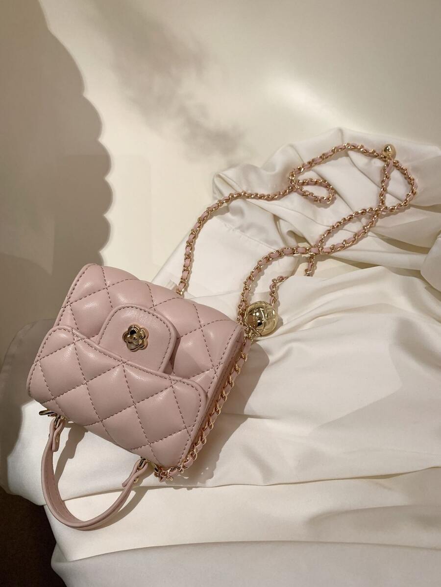 迷你包、斜背包、方形時尚女包、金屬鏈條裝飾方形包、手提包、手機包、口紅包 - 粉色 - 查看 1