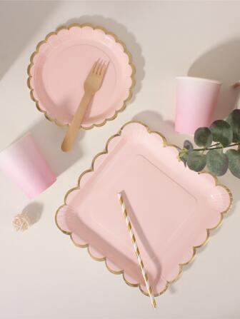 10pcs Thickened Solid Pink Color Simple Foil Stamp Colored Disposable Party Paper Plates, Back To School Valentine Day