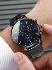 2入組/套黑色石英表適用於商業男士帶PU皮革帶,不銹鋼網眼帶,風格