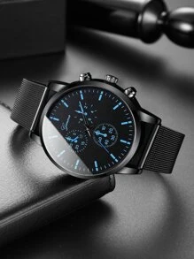 2入組/套黑色石英表適用於商業男士帶PU皮革帶,不銹鋼網眼帶,風格