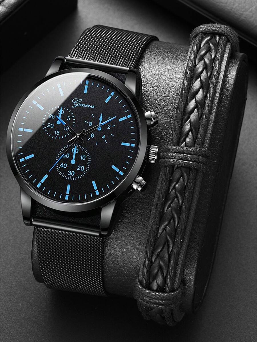 2入組/套黑色石英表適用於商業男士帶PU皮革帶,不銹鋼網眼帶,風格