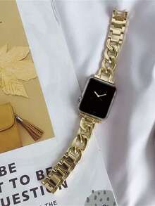 1入組中性別緻牛仔鏈條&素色金屬質感帶38/40/41/42/44/45mm適用於Apple Watch - 金色 - 查看 2