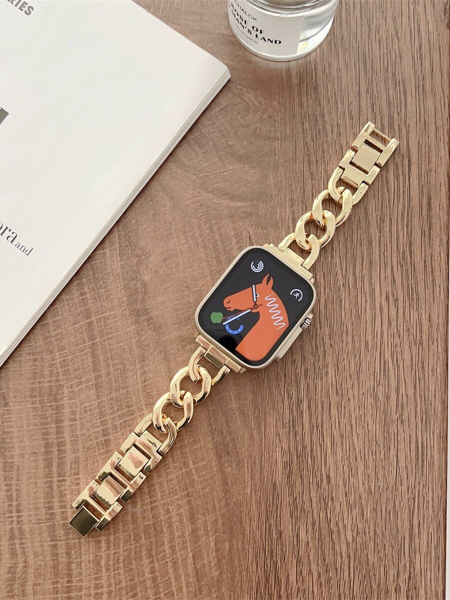 1入組中性別緻牛仔鏈條&素色金屬質感帶38/40/41/42/44/45mm適用於Apple Watch - 金色 - 查看 1