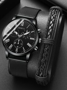 2pcs/set Black Quartz Wristwatch For Men, Casual Business Style With Pu Leather & Mesh Strap, Watch Bracelet Set