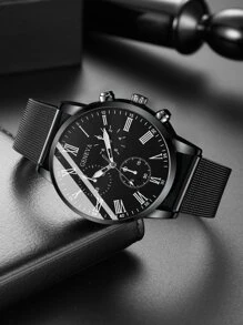 2pcs/set Black Quartz Wristwatch For Men, Casual Business Style With Pu Leather & Mesh Strap, Watch Bracelet Set