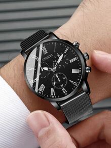 2pcs/set Black Quartz Wristwatch For Men, Casual Business Style With Pu Leather & Mesh Strap, Watch Bracelet Set