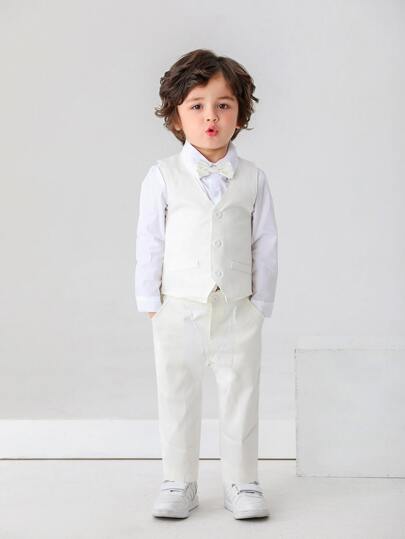 3pcs Baby Boys Gentleman Outfit Set With Bow Tie, White Shirt, Vest And Pants, Suitable For Birthday Party, Wedding, Holiday, Fashionable Attire