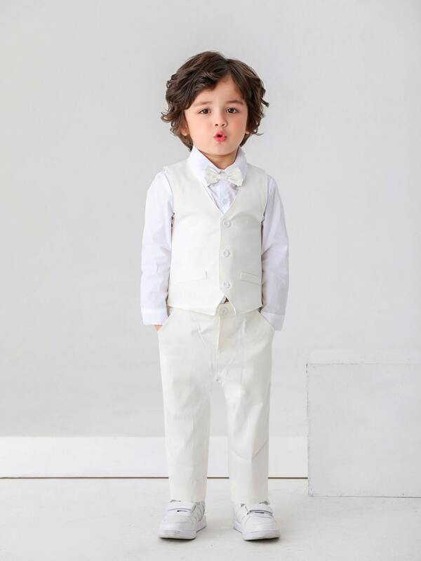 3pcs Baby Boys Gentleman Outfit Set With Bow Tie, White Shirt, Vest And Pants, Suitable For Birthday Party, Wedding, Holiday, Fashionable Attire