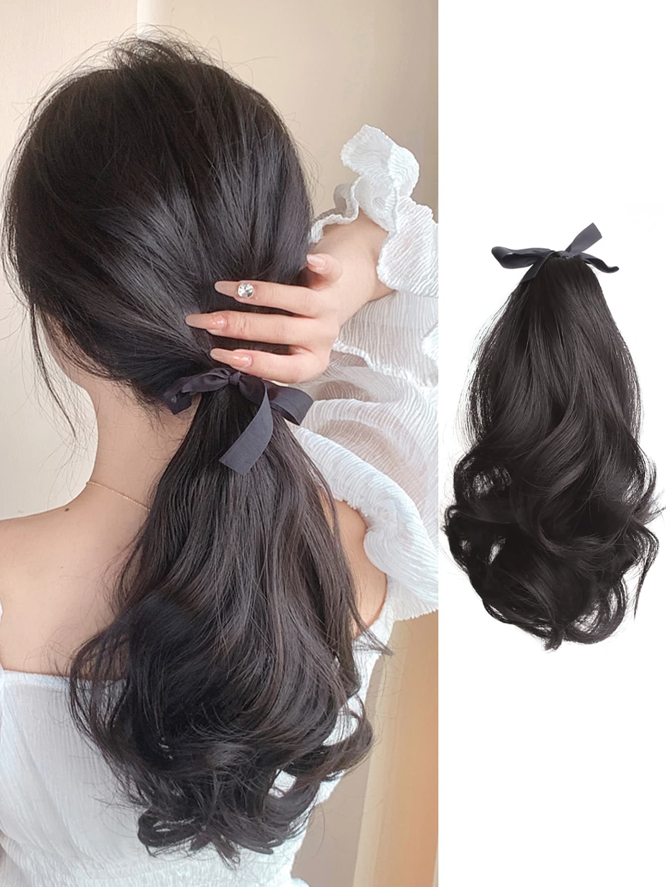 Short Body Wave Ponytail Synthetic Hair Extension - Black - View 1