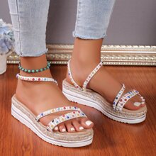Women's Fashionable Rivet Decorated Thick Sole Sandals For Holiday - White - View 1