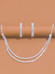 Set plateado de aretes de cristal completo de varias capas y collar de moda minimalista para fiesta