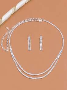 Set plateado de aretes de cristal completo de varias capas y collar de moda minimalista para fiesta