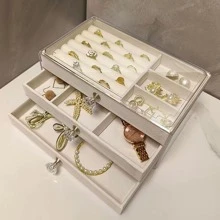 1 hộp đựng trang sức trong suốt, quà tặng Ngày của Mẹ, ngăn kéo 3 tầng đựng hoa tai, nhẫn, vòng cổ, vòng tay, mặt dây chuyền, quà sinh nhật và kỷ niệm, hộp trưng bày Ngày lễ tình nhân - Màu be - Xem 3