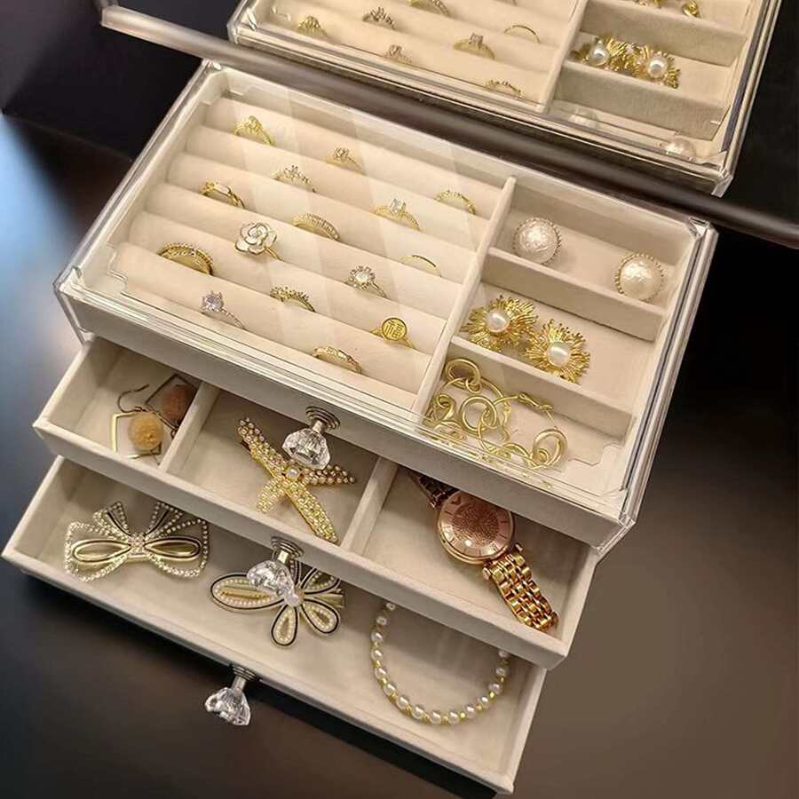 1 hộp đựng trang sức trong suốt, quà tặng Ngày của Mẹ, ngăn kéo 3 tầng đựng hoa tai, nhẫn, vòng cổ, vòng tay, mặt dây chuyền, quà sinh nhật và kỷ niệm, hộp trưng bày Ngày lễ tình nhân - Màu be - Xem 1