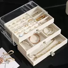 1 hộp đựng trang sức trong suốt, quà tặng Ngày của Mẹ, ngăn kéo 3 tầng đựng hoa tai, nhẫn, vòng cổ, vòng tay, mặt dây chuyền, quà sinh nhật và kỷ niệm, hộp trưng bày Ngày lễ tình nhân - Màu be - Xem 4