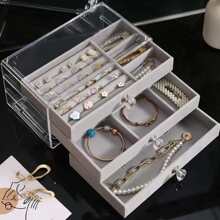 1 hộp đựng trang sức trong suốt, quà tặng Ngày của Mẹ, ngăn kéo 3 tầng đựng hoa tai, nhẫn, vòng cổ, vòng tay, mặt dây chuyền, quà sinh nhật và kỷ niệm, hộp trưng bày - Màu Xám nhạt - Xem 3