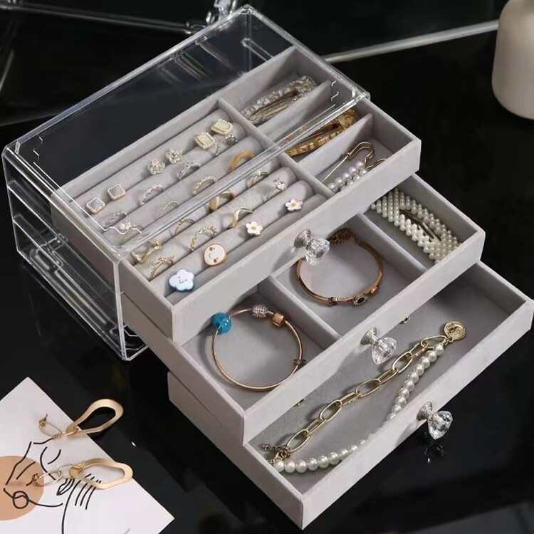 1 hộp đựng trang sức trong suốt, quà tặng Ngày của Mẹ, ngăn kéo 3 tầng đựng hoa tai, nhẫn, vòng cổ, vòng tay, mặt dây chuyền, quà sinh nhật và kỷ niệm, hộp trưng bày - Màu Xám nhạt - Xem 3