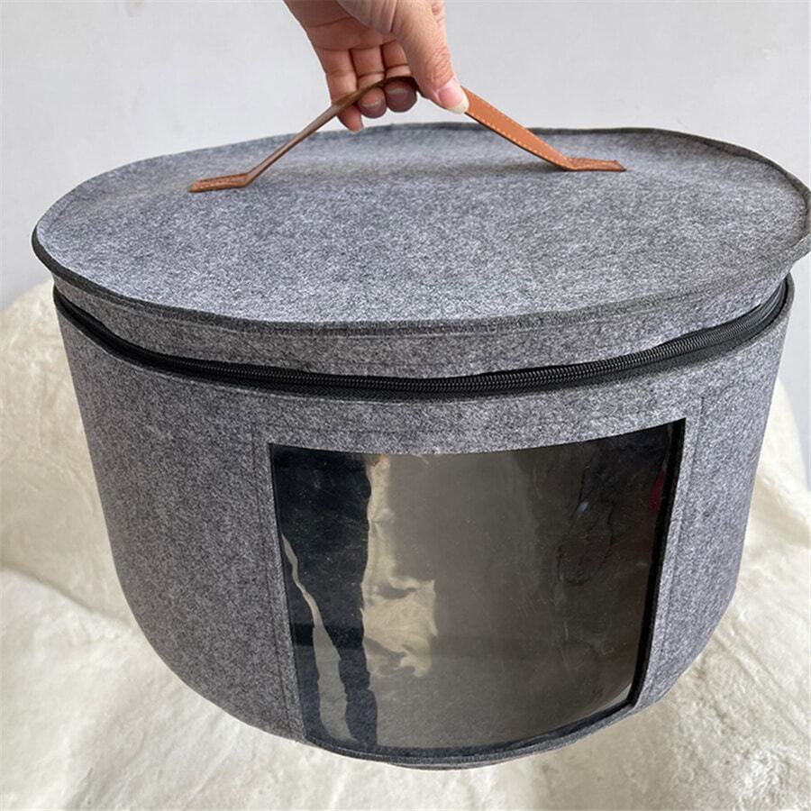 1pc Gray Felt Hat Storage Basket, Modern Nylon Round Storage Box, Large Pop-Up Hat Box With Lid, Suitable For Travel Or Home Storage Organizer - Grey - View 1