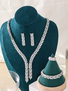 1入套5件銀色流行優雅的方形立方氧化鋯珠寶套裝,包括項鍊、手鐲、戒指和耳釘 - 銀色 - 查看 2