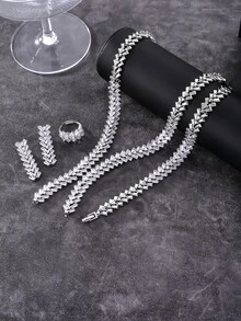 1入套5件銀色流行優雅的方形立方氧化鋯珠寶套裝,包括項鍊、手鐲、戒指和耳釘 - 銀色 - 查看 1