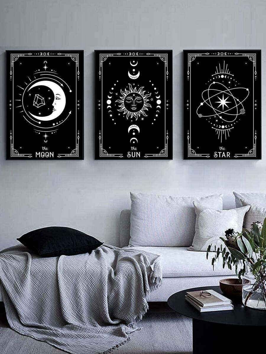 3pcs Sun & Moon Pattern Unframed Painting,Wall Art,Canvas,Poster Gifts Birthday Graduation - Multicolor - View 1