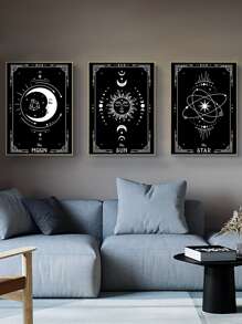 3pcs Sun & Moon Pattern Unframed Painting,Wall Art,Canvas,Poster Gifts Birthday Graduation - Multicolor - View 3