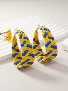 1pair Bohemian Style Raffia Braid Two Tone Yellow Blue Round Twist Earrings For Women - Multicolor - View 1