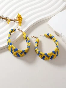 1pair Bohemian Style Raffia Braid Two Tone Yellow Blue Round Twist Earrings For Women - Multicolor - View 3