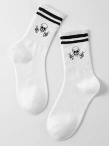 1 Pair Of Women's Mid-Tube Socks Pattern Skull Funny Street Deodorant Sweat-Absorbing Casual Basketball Sports Socks Round Neck Socks Suitable For Daily Life, Fall - Black and White - View 1
