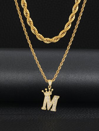 1 套不銹鋼皇冠首字母扭鏈側鏈項鍊套裝適合男孩女孩時尚街頭珠寶日常裝飾送給朋友生日禮物