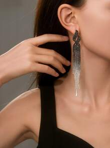 復古閃亮俱樂部吊飾水晶鑲嵌耳環,婚禮晚宴畢業禮佩戴珠寶,1對 - 黑與白 - 查看 6