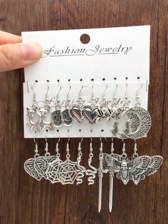 1 Set de Aretes Vintage de Aleación Plateada Antigua con Diseños de Serpiente, Calavera, Mariposa y Luna para Decoración de Fiestas de Halloween para Mujeres