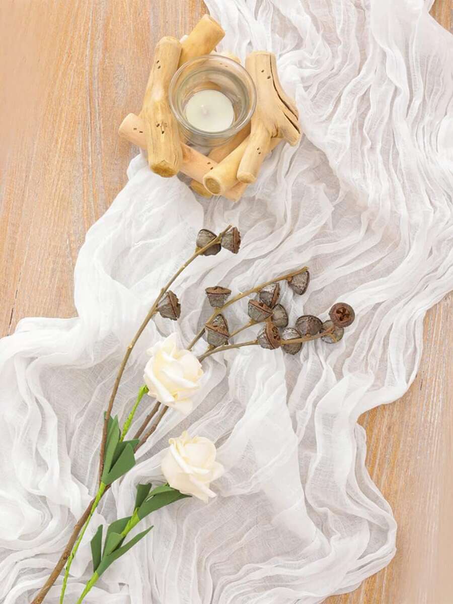 1pc Polyester Crinkle Table Runner, Cheesecloth Table Runner, Gauze