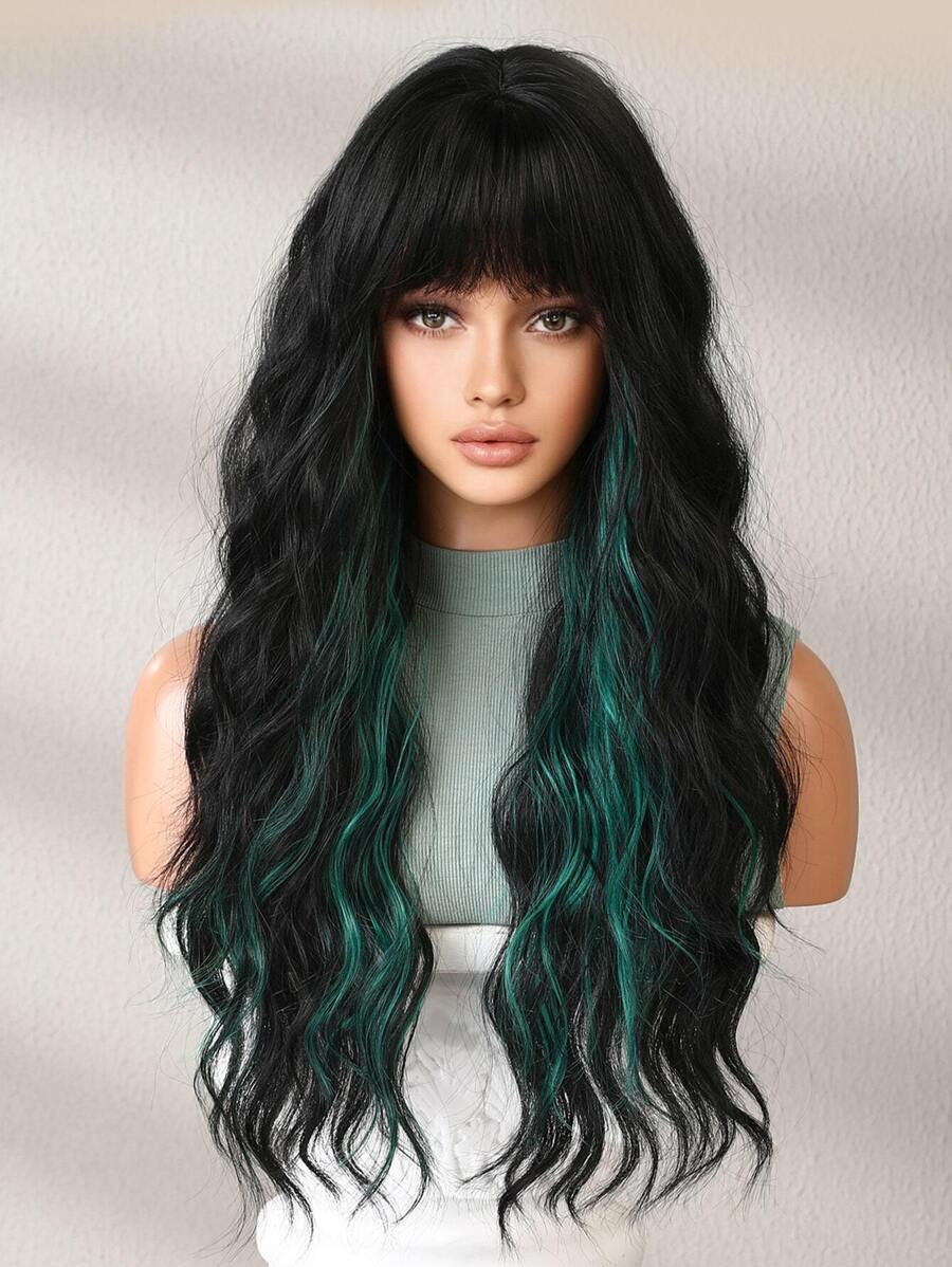 Black With Green Highlights Long Curly Wig With Bangs. Woven Chemical ...