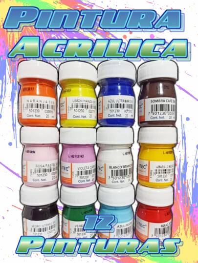 Kit de 12 pinturas acrílicas de 20ml en colores surtidos para manualidades, vuelta al colegio, útiles escolares
