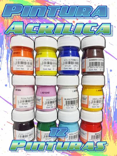 Kit de 12 pinturas acrílicas de 20ml en colores surtidos para manualidades, vuelta al colegio, útiles escolares