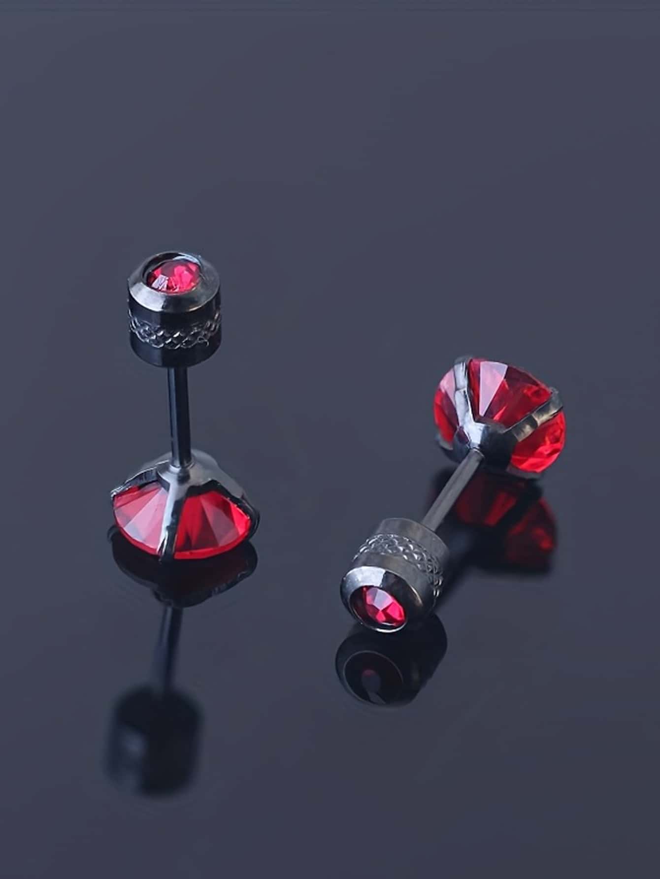 Flat Screw Back Stud Earrings For Men Stainless Steel Cubic Zirconia Rainbow Earrings For Women Boys Ear Bone Stud Double Head CZ Jewelry - A-Red CZ 1 Pair - View 2