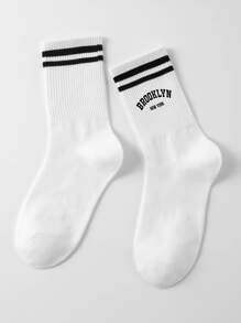 1pair Women's Mid-Calf Socks, & Minimalist Street Basketball Style, With Brooklyn Letters, Suitable For Daily Wear, Fall - Black and White - View 2