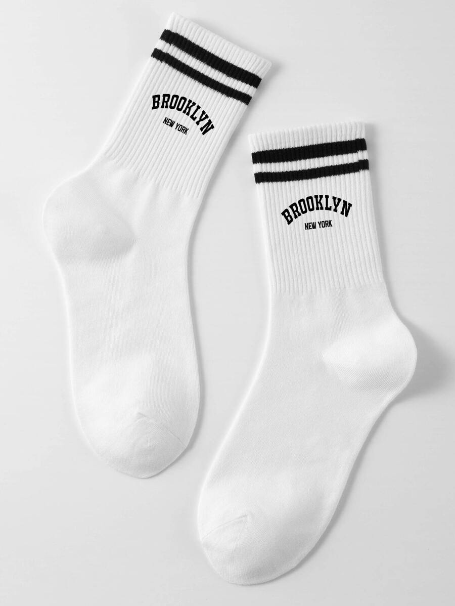 1pair Women's Mid-Calf Socks, & Minimalist Street Basketball Style, With Brooklyn Letters, Suitable For Daily Wear, Fall - Black and White - View 1
