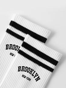 1pair Women's Mid-Calf Socks, & Minimalist Street Basketball Style, With Brooklyn Letters, Suitable For Daily Wear, Fall - Black and White - View 3