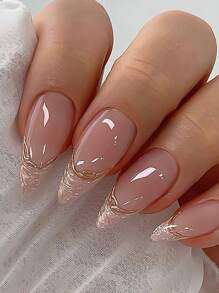 24入組杏仁形極簡設計長款假指甲，附1支指甲文件和1支果凍膠壓式假指甲產品