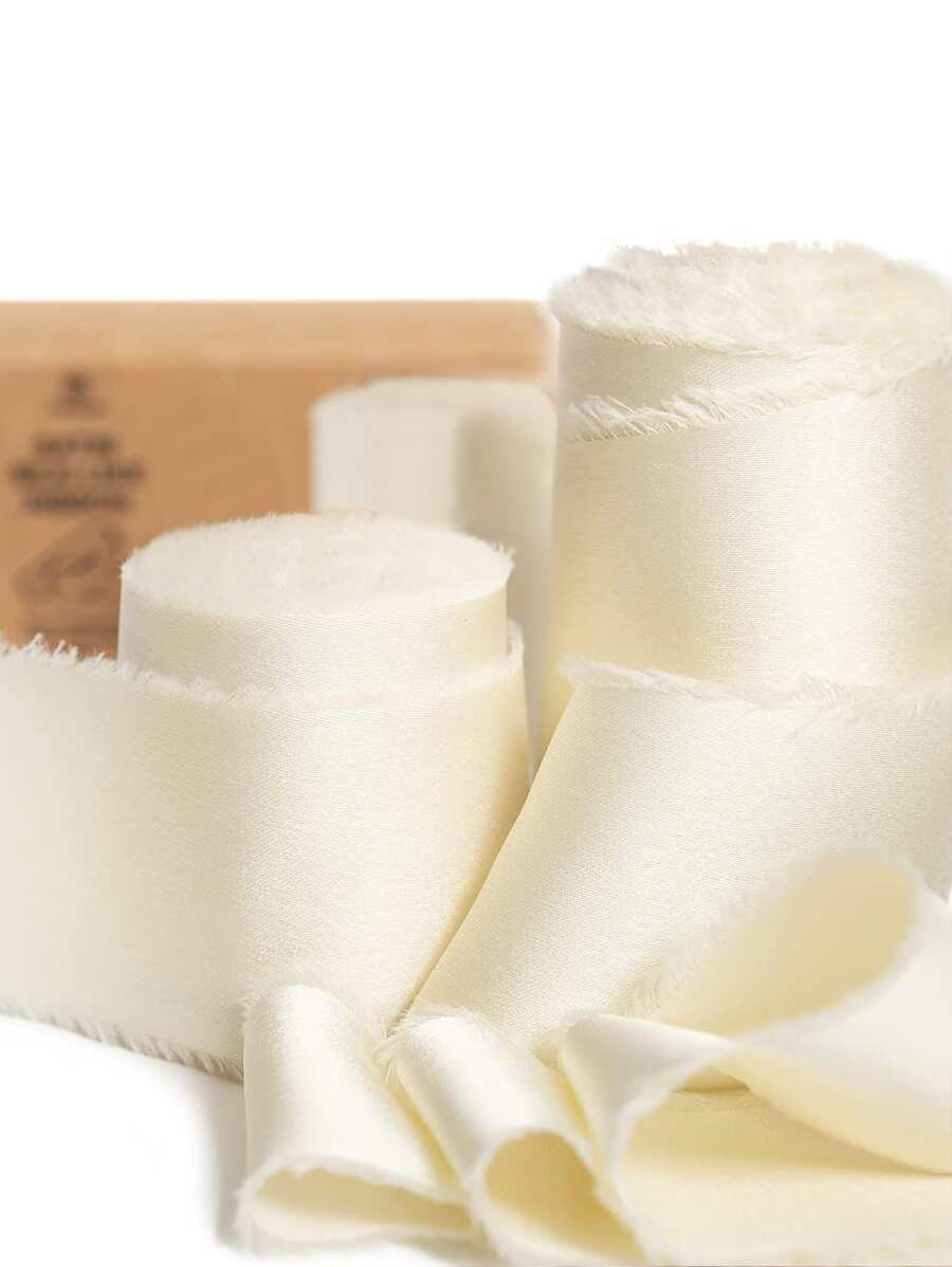 1pc/2pcs - DIY Handmade 1-1/2" X 5 Yards Silk Satin Ribbon Gift Wrapping Ribbon, Handmade Frayed Edge Ribbon For Wedding Invitation, Bridal Bouquet, Gift Packaging, DIY Crafts, Bow Making - Beige - View 1
