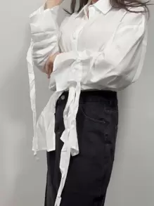 LA PRINCESA Camisa De Manga Larga Cinta De Amarre Manga - Blanco - Ver 2