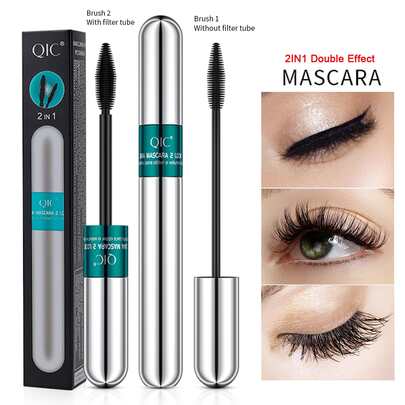  QIC 二合一睫毛膏 5 倍长睫毛化妆品 自然纤长和浓密效果 不结块 超强魔力 4D 丝纤维睫毛膏 可水洗睫毛膏 卷翘浓密可叠加睫毛膏 速干 4d 假睫毛效果 睫毛化妆 天然纤维刷