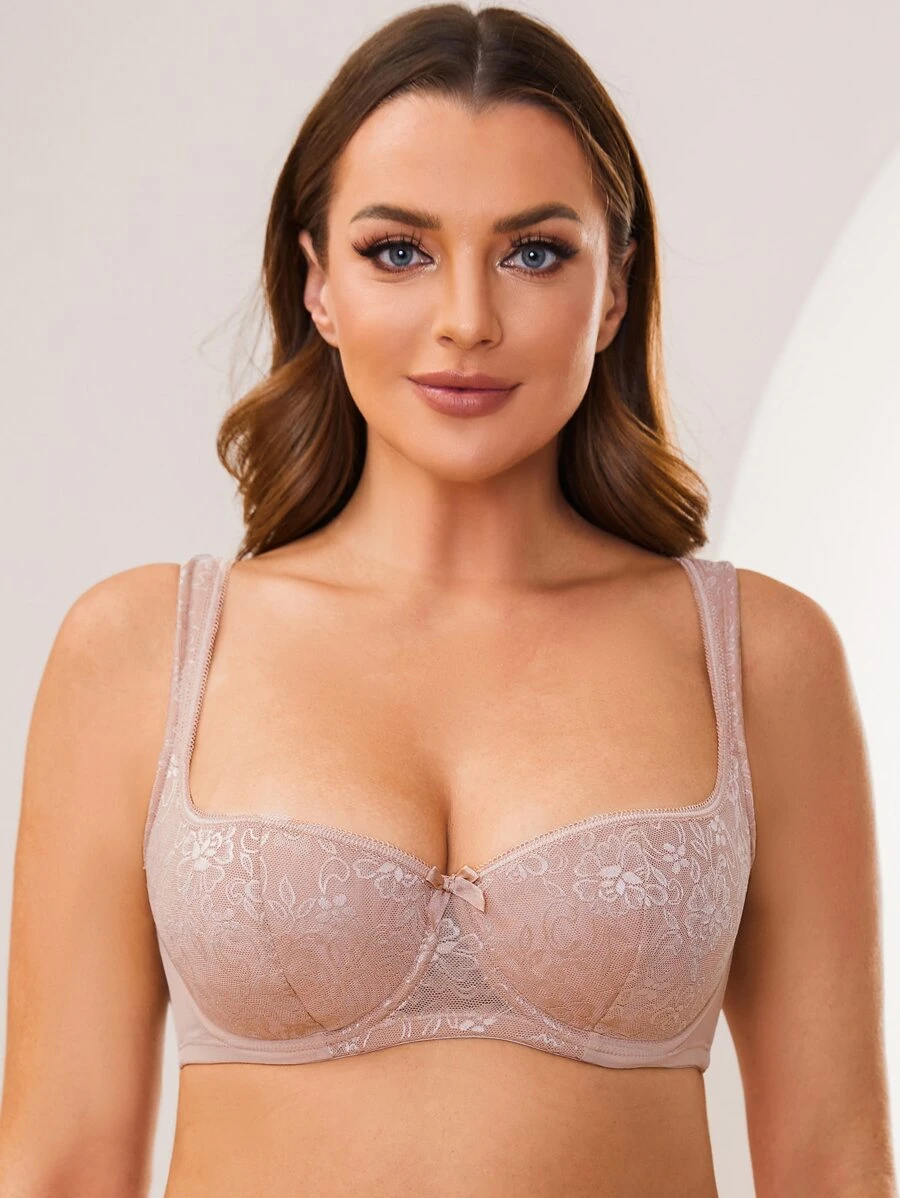 MELENECA Plus Lightly Padded Floral Lace Underwire Balconette Bra - Apricot - View 1
